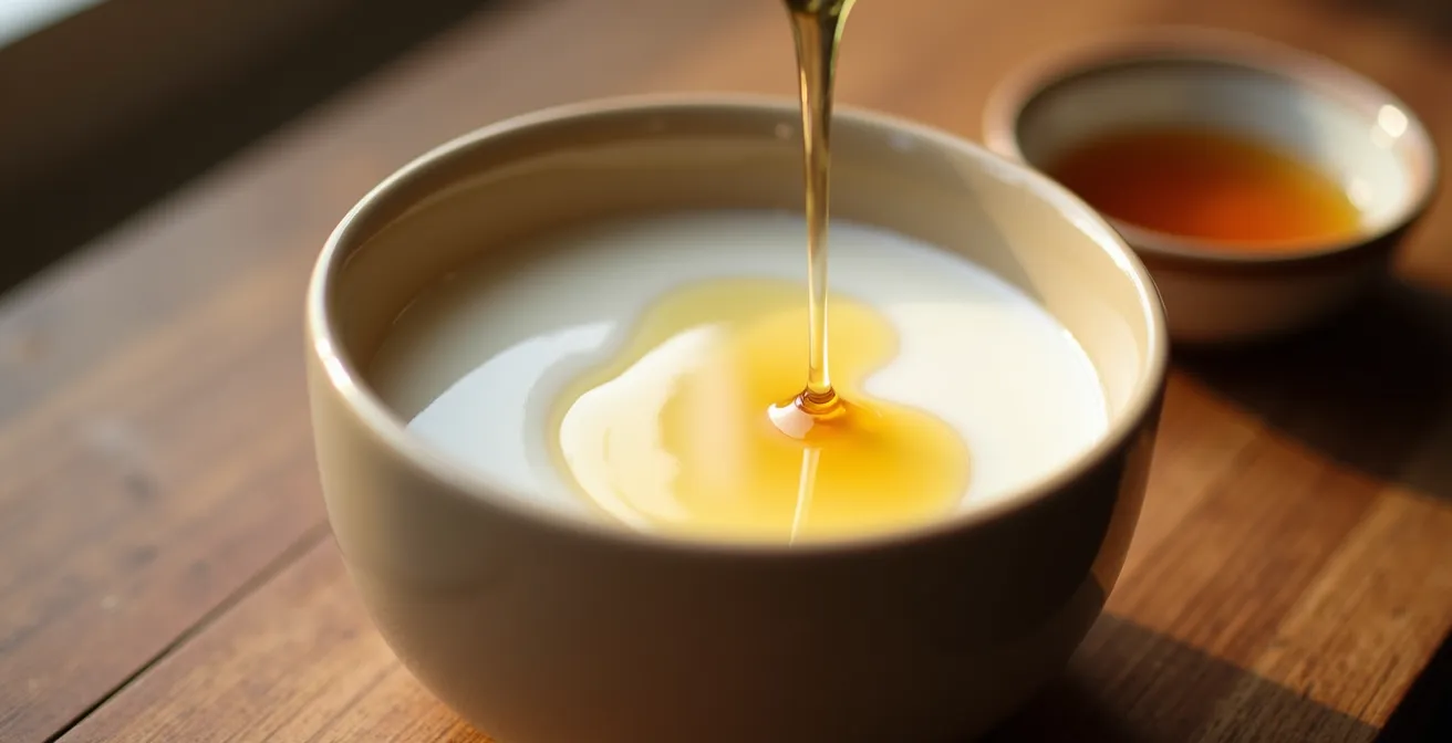 Gros plan sur un bol de lait chaud avec une touche de miel posé sur une table en bois, lumière chaleureuse et ambiance réconfortante
