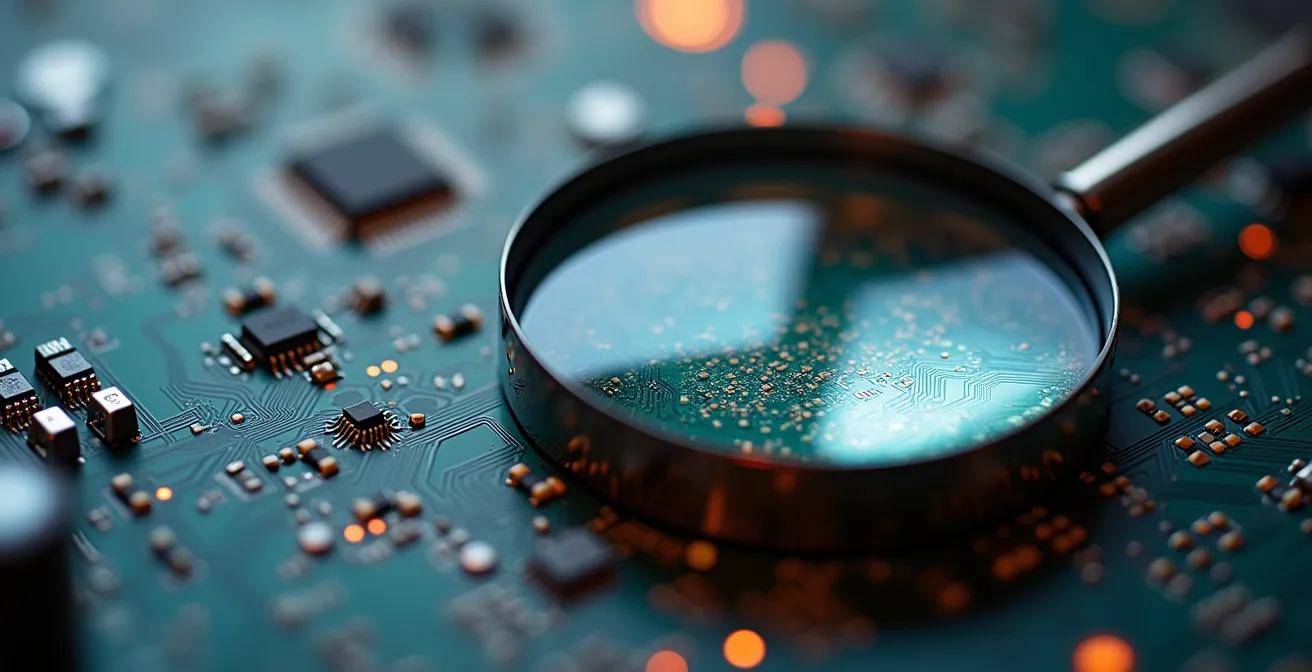 Gros plan sur une loupe examinant un circuit électronique symbolisant l'analyse minutieuse des assureurs