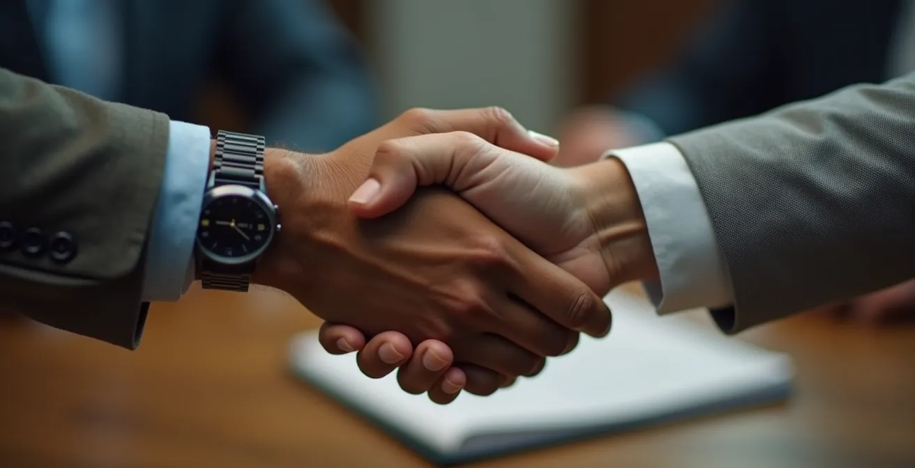 Illustration d'une poignée de main symbolisant l'accord et les responsabilités juridiques entre les parties