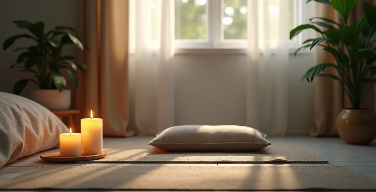 Un environnement serein avec une chambre rangée, une plante verte, une lumière tamisée, un coussin de méditation et une bougie allumée évoquant un mode de vie équilibré pour le sommeil