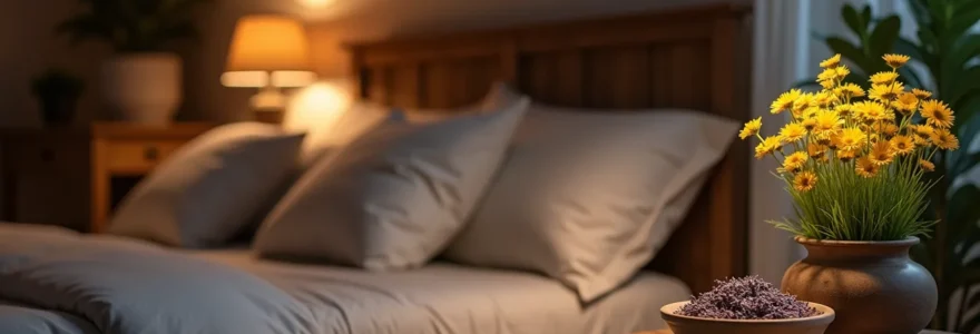 Une scène apaisante représentant une chambre sombre avec une lumière douce, un lit confortable avec des oreillers moelleux, des plantes médicinales comme la lavande et la camomille sur une table de chevet, et une ambiance calme et chaleureuse invitant à un sommeil naturel
