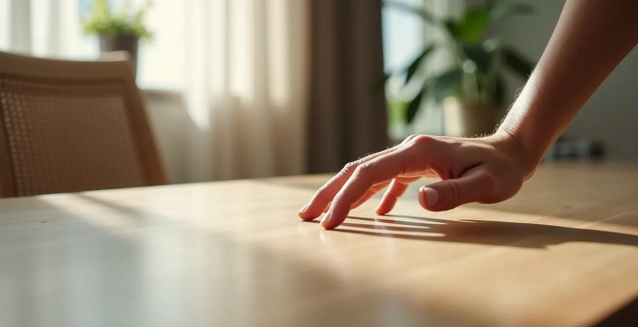 Main touchant différentes textures de matériaux de table pour en ressentir le grain