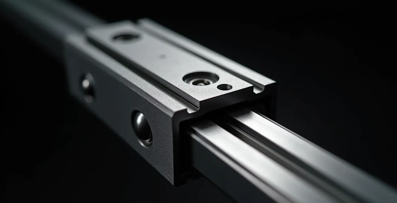 Vue macro détaillée d'un système de glissières métalliques pour table extensible