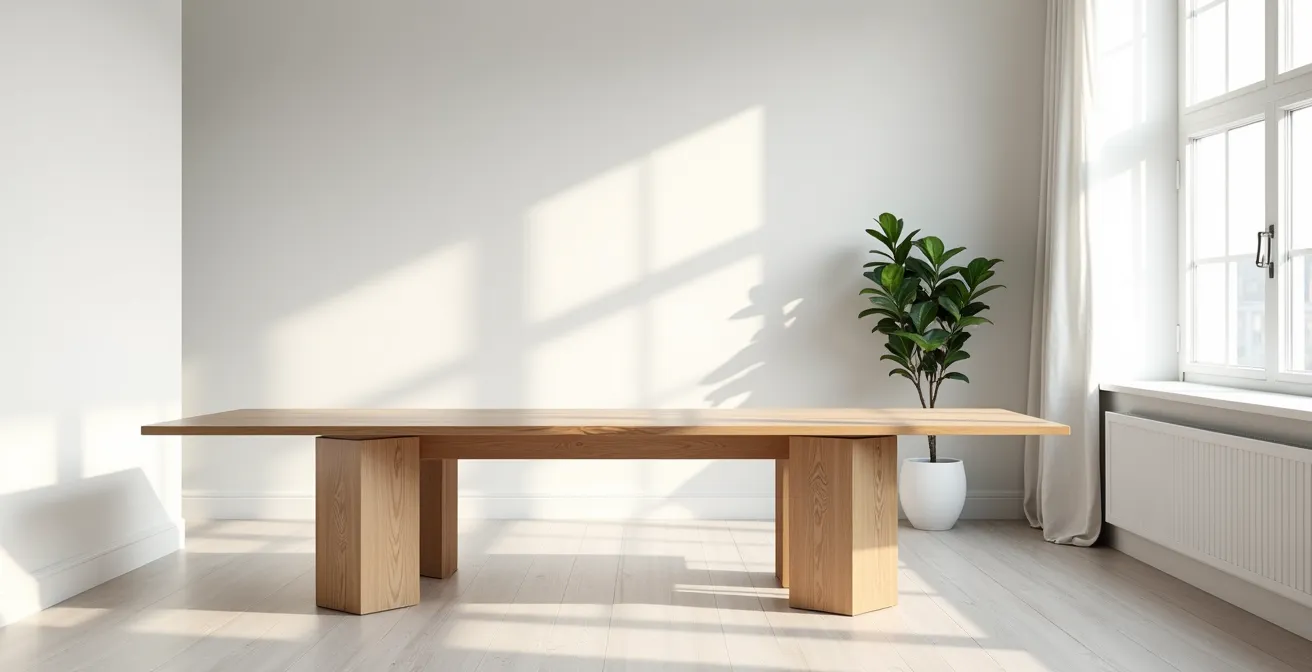 Table extensible en bois dans un intérieur épuré avec lumière naturelle
