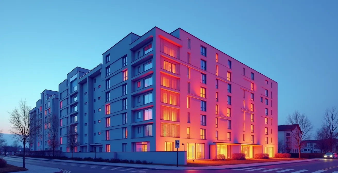 Bâtiment résidentiel avec représentation thermique colorée en infrarouge