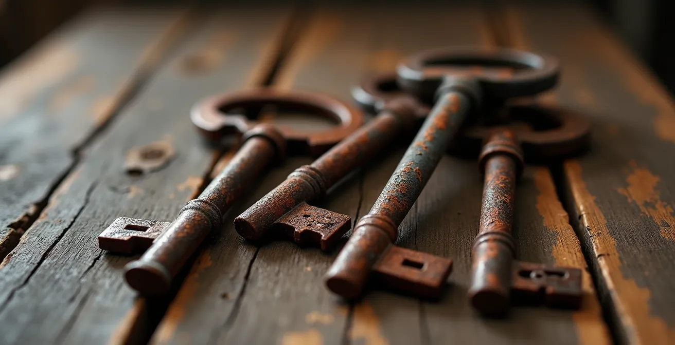 Vue macro de clés anciennes rouillées sur une surface de bois patiné
