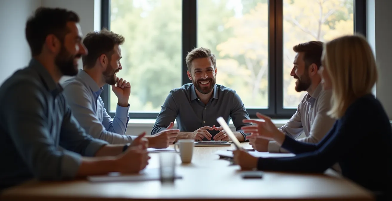 Personnes en réunion autour d'une table, vue de profil avec éclairage naturel