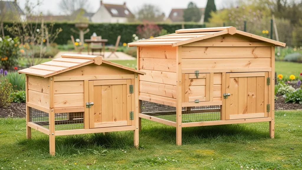 Deux poulaillers en bois de tailles différentes côte à côte dans un jardin