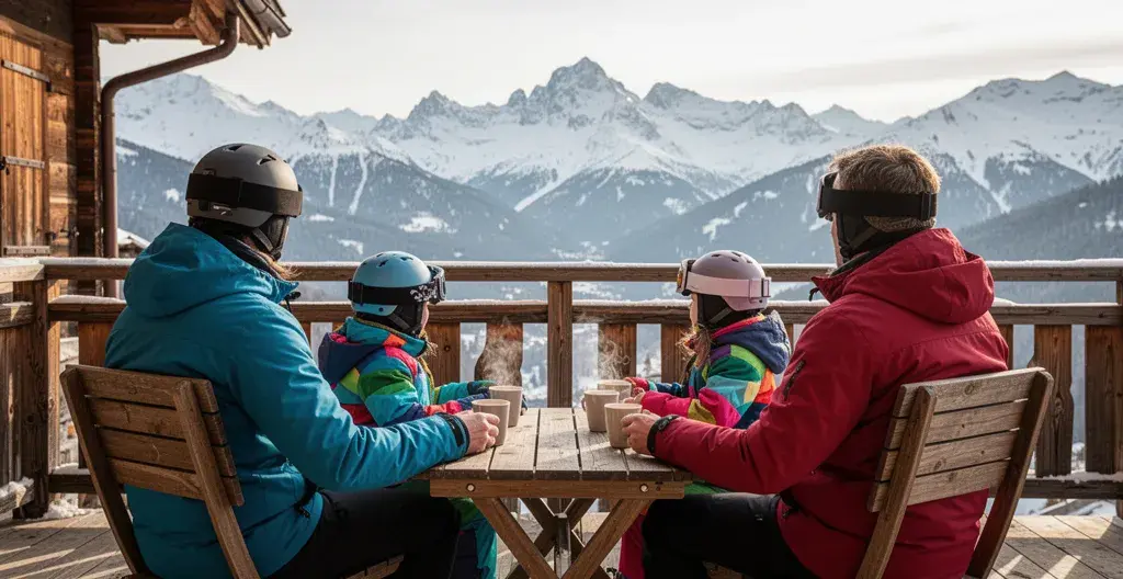 Famille admirant le panorama montagneux depuis une terrasse de chalet à Courchevel