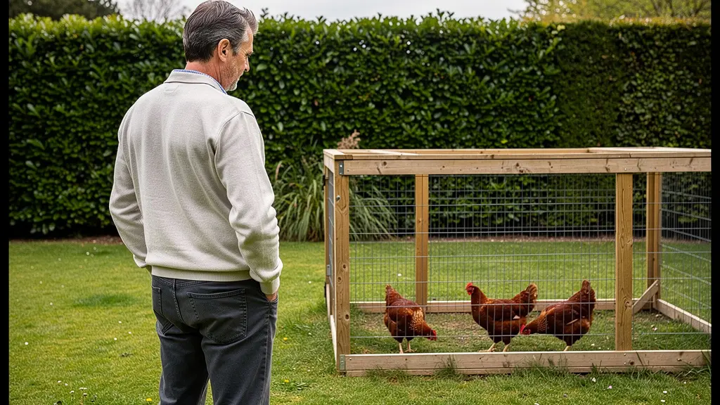 Propriétaire observant ses poules pondeuses dans un enclos grillagé de jardin