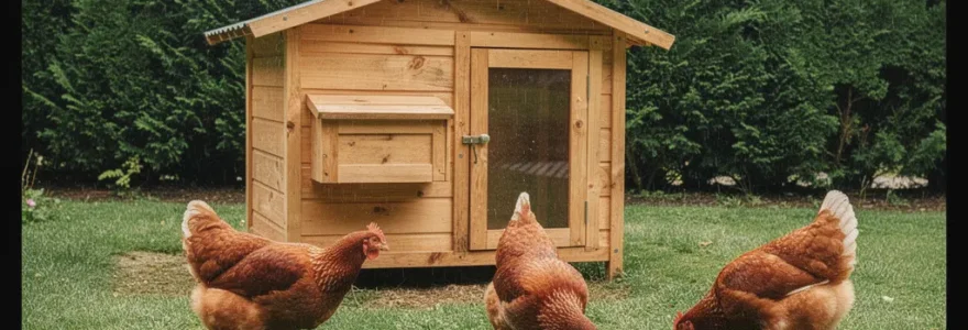 Poulailler en bois dans un jardin français avec poules pondeuses en liberté