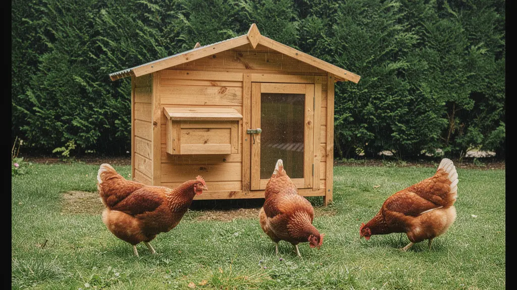 Poulailler en bois dans un jardin français avec poules pondeuses en liberté