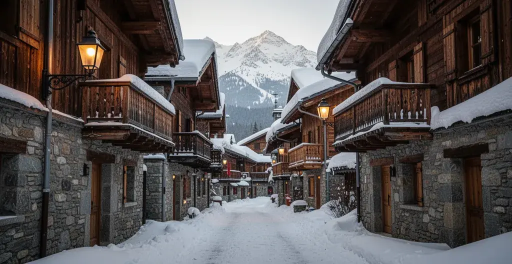 Ruelle enneigée bordée de chalets traditionnels savoyards