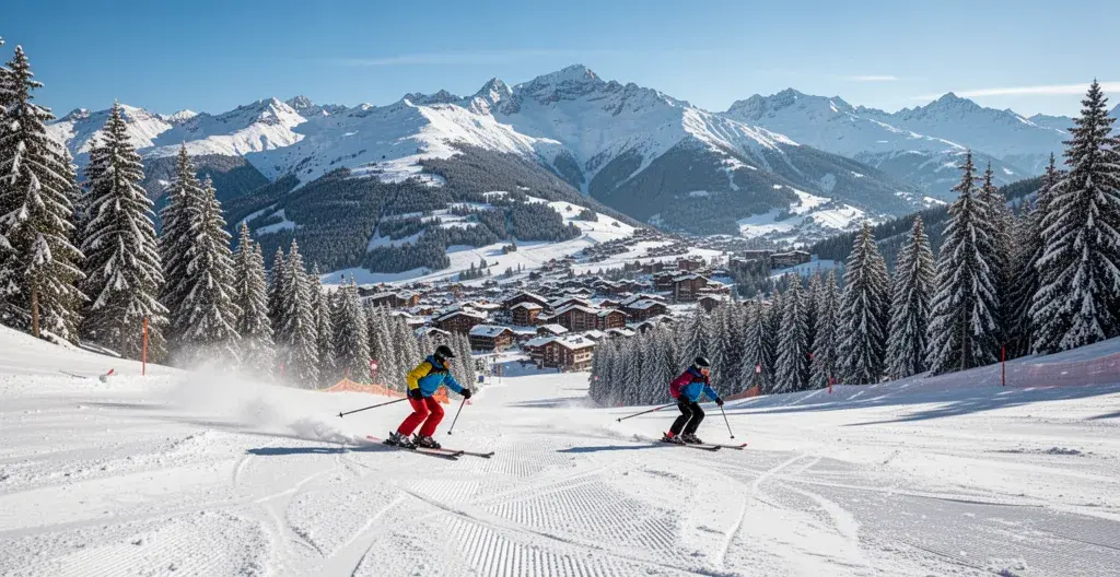 Skieurs descendant une piste avec le village de Courchevel visible en contrebas