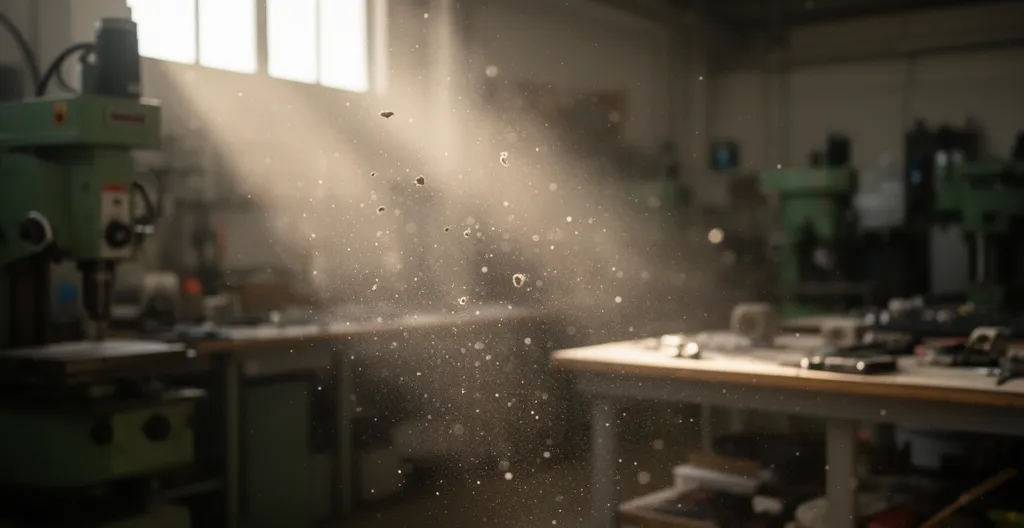 Particules de poussière industrielle visibles dans rayon de lumière atelier