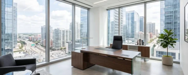 Bureau de direction contemporain dans un espace professionnel épuré baigné de lumière naturelle par de grandes fenêtres