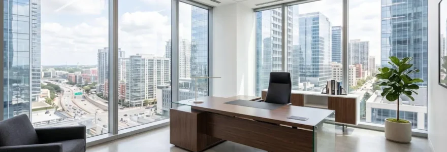 Bureau de direction contemporain dans un espace professionnel épuré baigné de lumière naturelle par de grandes fenêtres