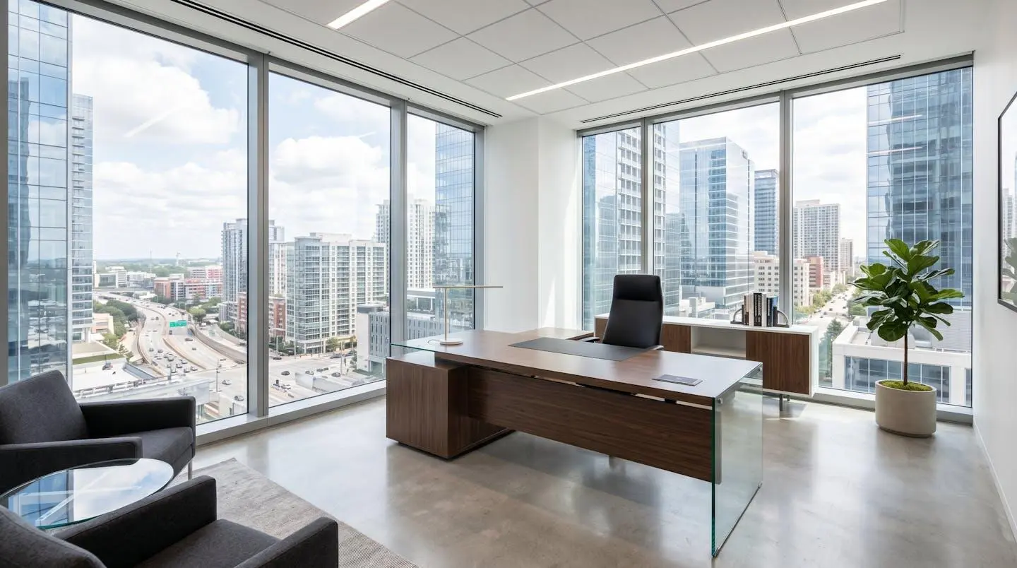 Bureau de direction contemporain dans un espace professionnel épuré baigné de lumière naturelle par de grandes fenêtres