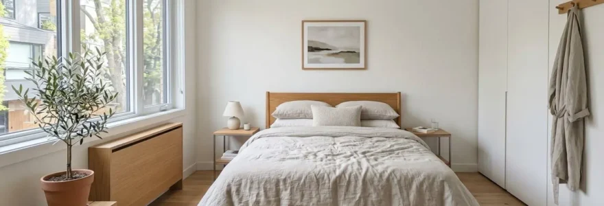 Chambre contemporaine épurée avec lit deux places habillé d'une couette au gonflant visible, baignée de lumière naturelle par une large fenêtre