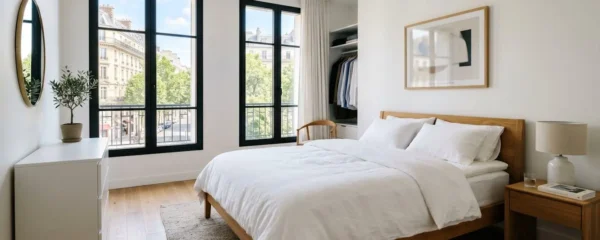 Chambre contemporaine épurée avec lit parfaitement fait et surmatelas blanc visible sous la lumière naturelle d'une grande fenêtre