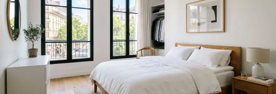 Chambre contemporaine épurée avec lit parfaitement fait et surmatelas blanc visible sous la lumière naturelle d'une grande fenêtre