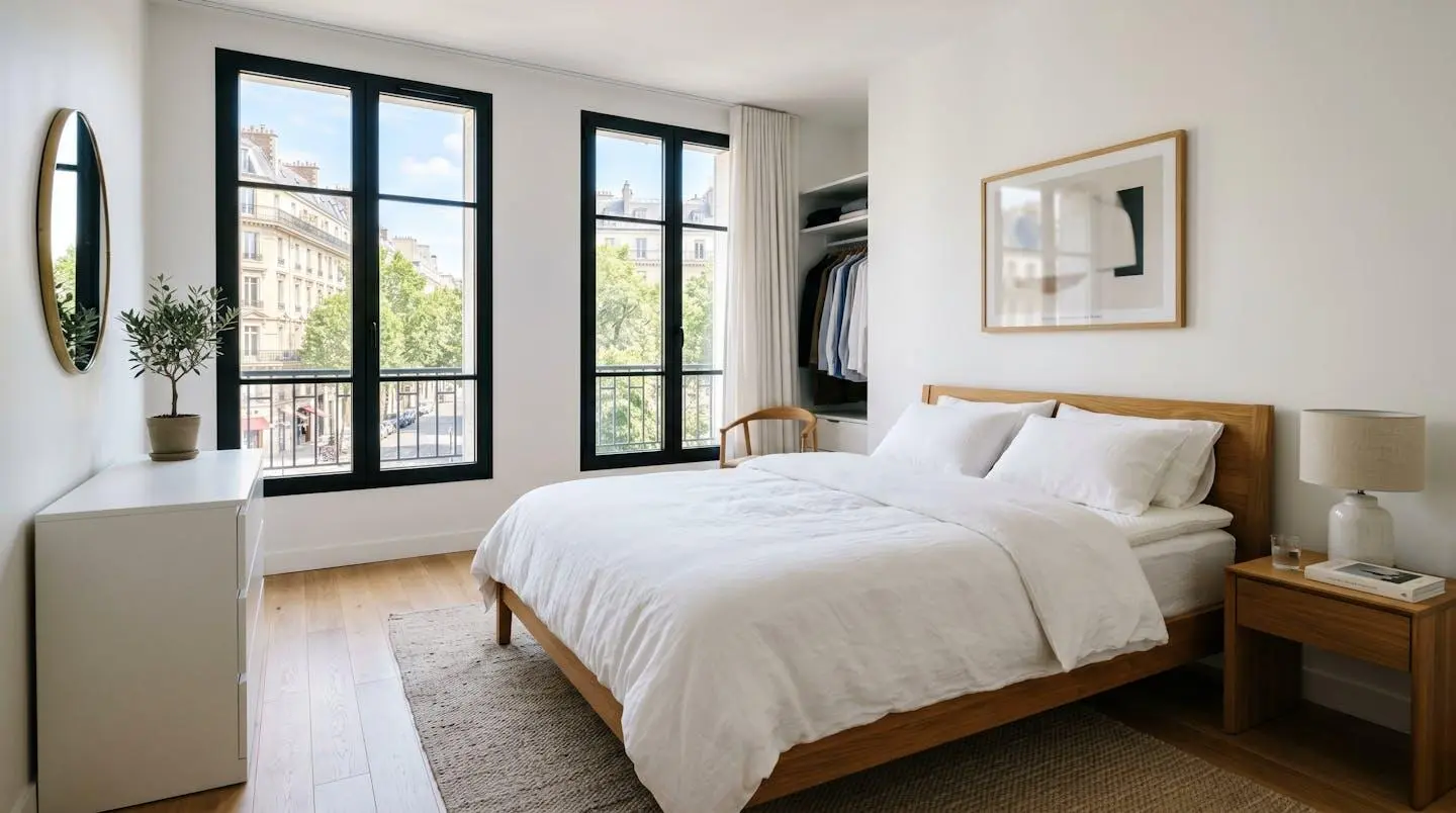 Chambre contemporaine épurée avec lit parfaitement fait et surmatelas blanc visible sous la lumière naturelle d'une grande fenêtre