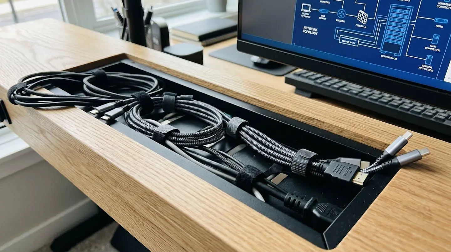 Gros plan sur un système de passage de câbles intégré dans un plateau de bureau en bois avec goulotte ouverte montrant l'organisation des fils