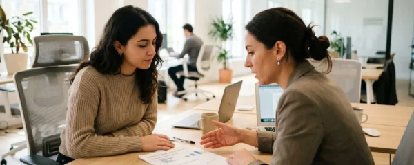 Deux professionnels en interaction naturelle révisant des documents ensemble dans un bureau contemporain, vue par-dessus l'épaule