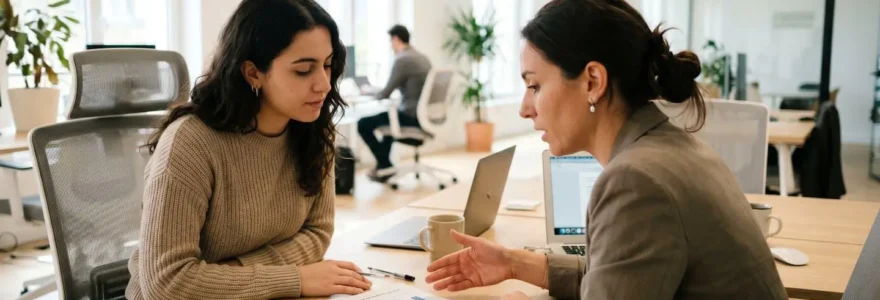 Deux professionnels en interaction naturelle révisant des documents ensemble dans un bureau contemporain, vue par-dessus l'épaule