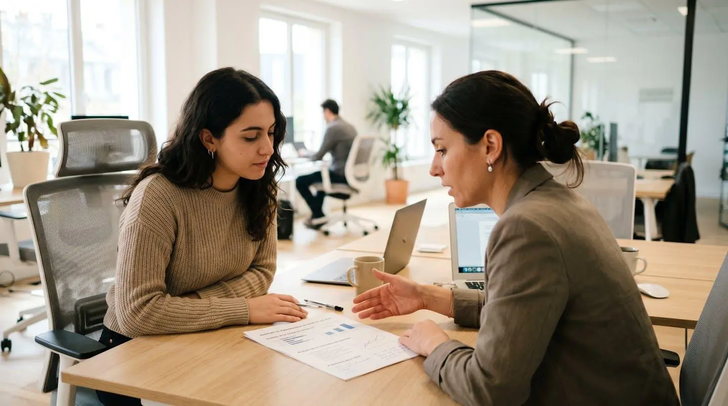 Deux professionnels en interaction naturelle révisant des documents ensemble dans un bureau contemporain, vue par-dessus l'épaule