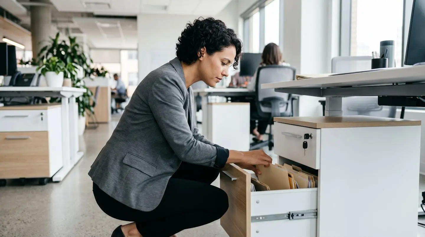 Vue de profil d'un cadre dirigeant ouvrant un caisson mobile de rangement sous son bureau dans un contexte professionnel contemporain