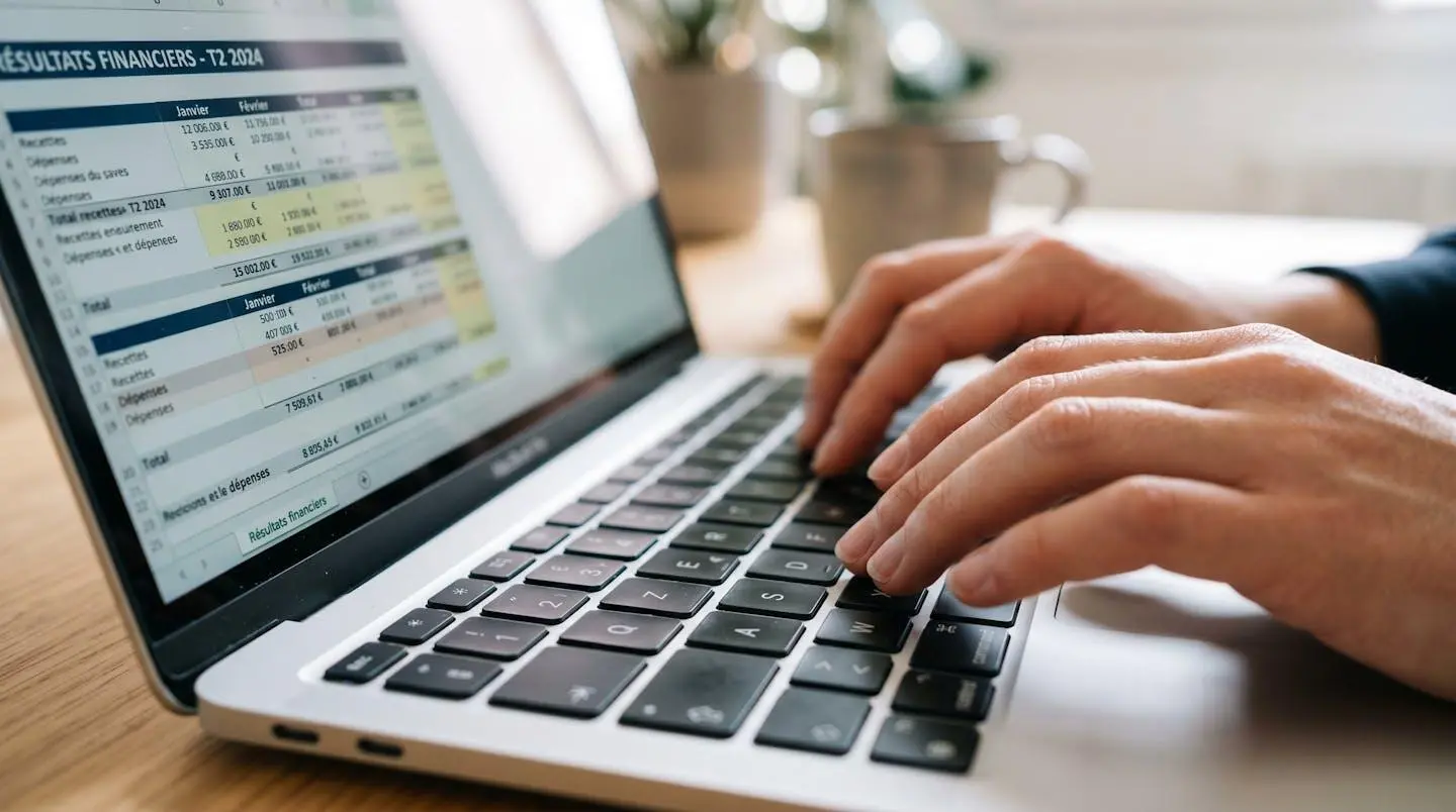 Gros plan détaillé sur des mains en train de taper sur un clavier d'ordinateur portable avec un tableur financier visible à l'écran de manière floue