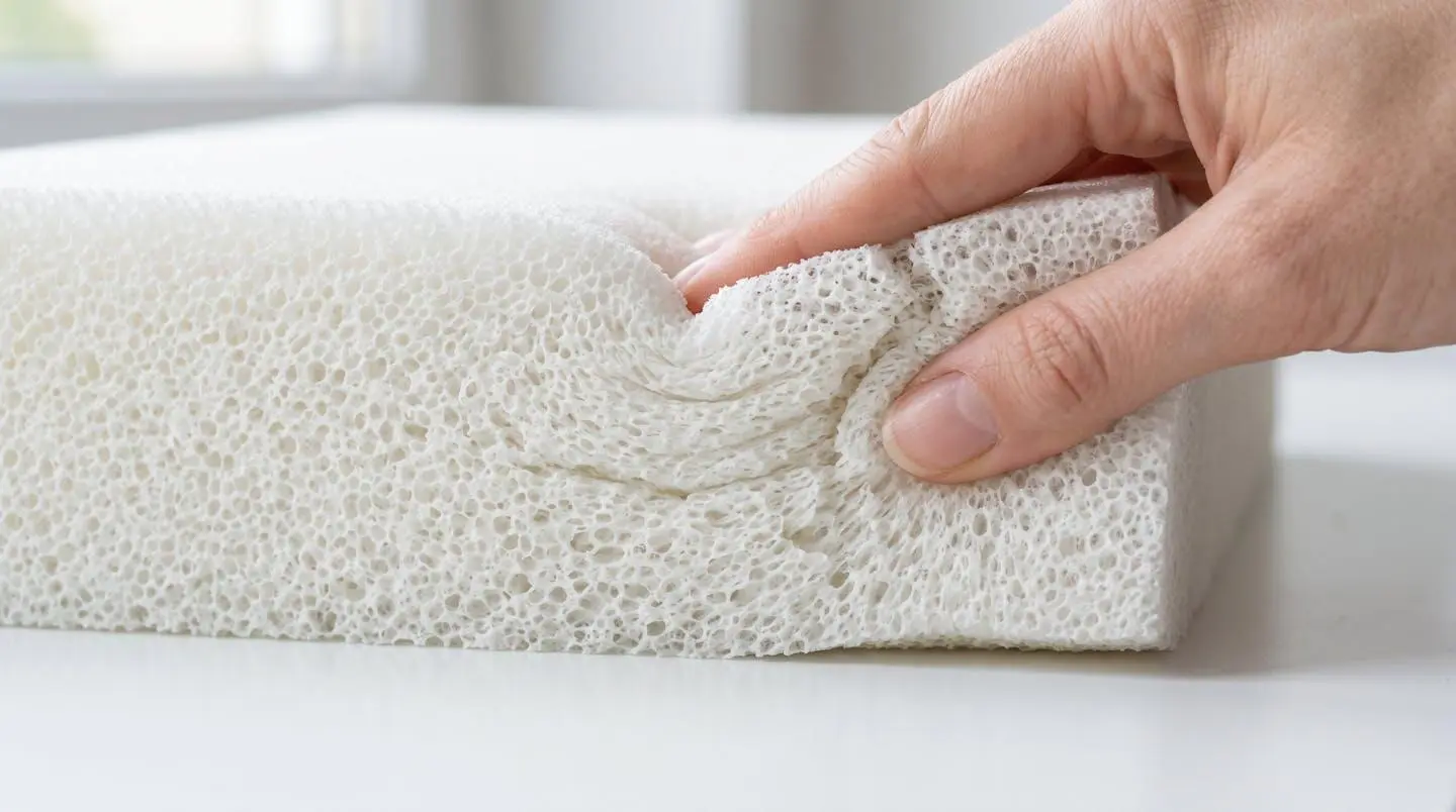 Gros plan extrême sur la texture d'une mousse à mémoire de forme avec une main appuyant légèrement sur le côté, détail des cellules du matériau visible