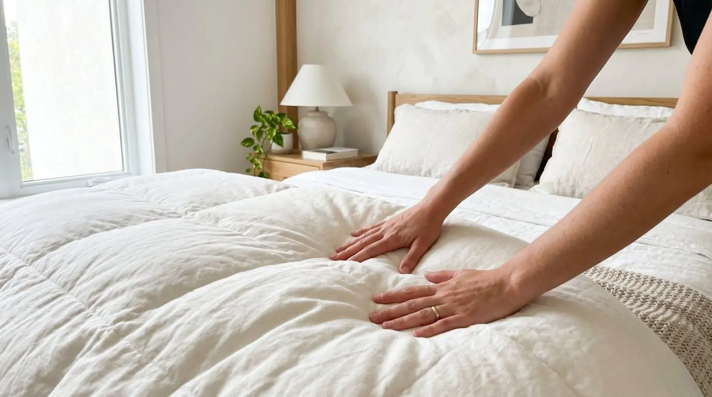 Mains pressant doucement le gonflant d'une couette posée sur un lit dans une chambre lumineuse, geste de vérification de la qualité