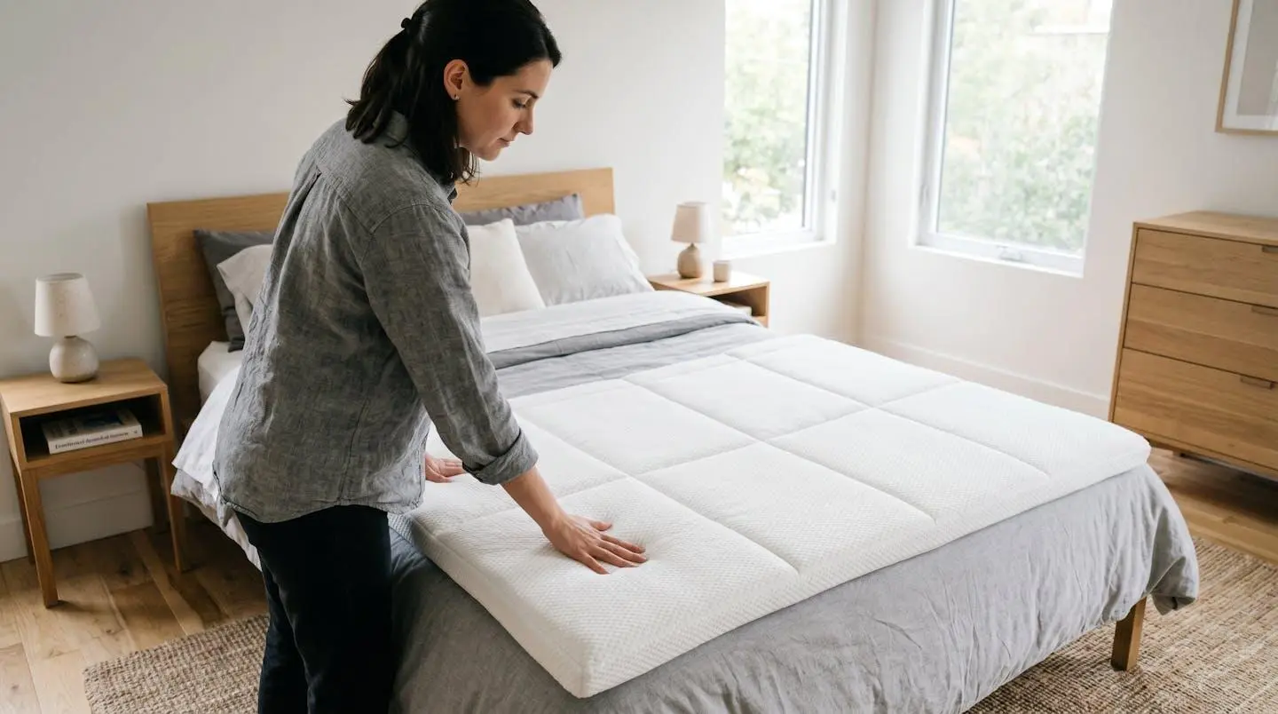 Personne photographiée de profil en train de tester la surface d'un surmatelas blanc avec sa main dans une chambre moderne
