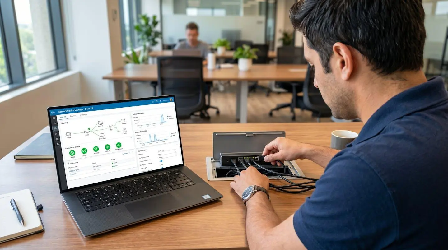 Vue de dos d'un professionnel IT installant un boîtier de connectique sur un bureau de direction avec câbles organisés
