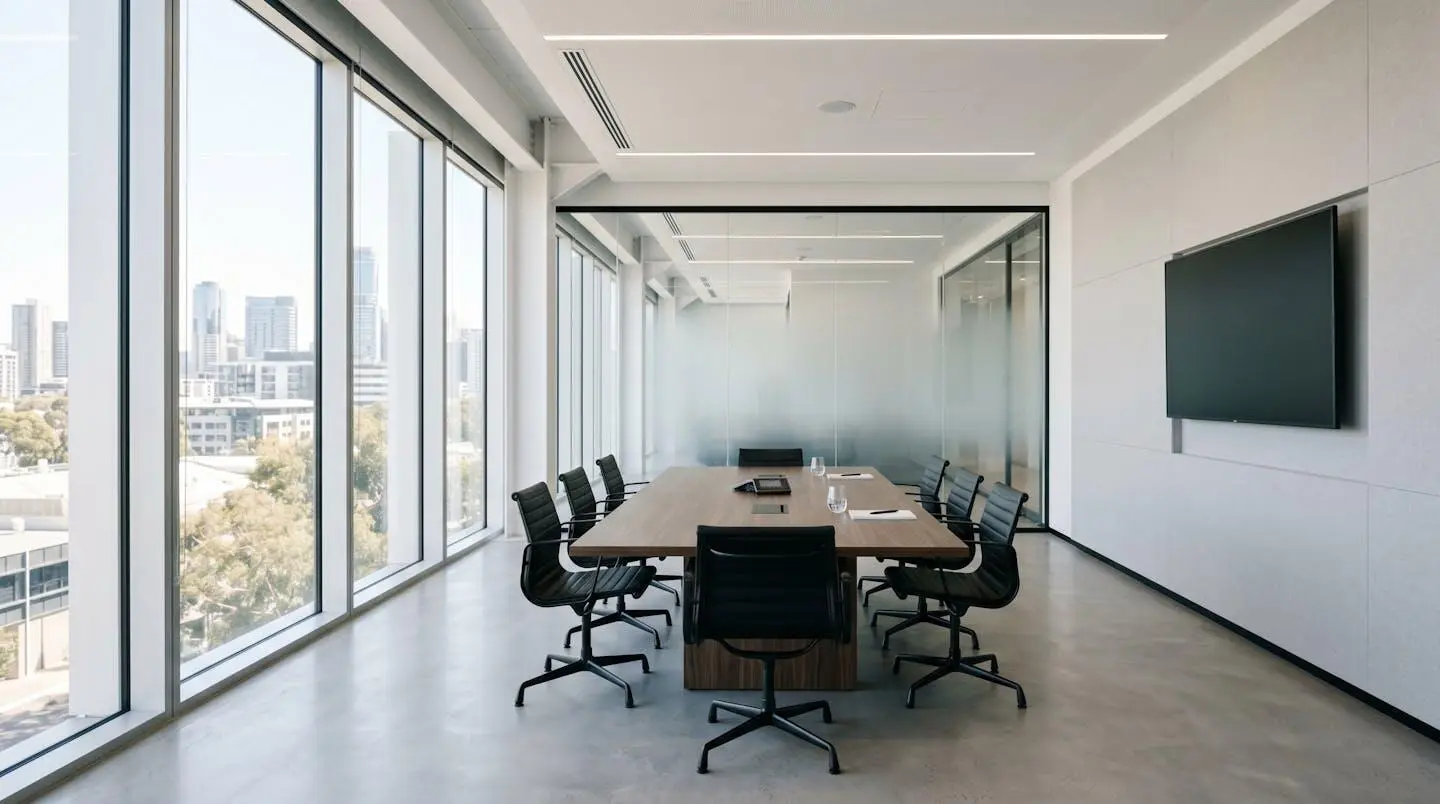 Vue grand angle d'une salle de réunion de bureau moderne et vide, baignée de lumière naturelle par de larges fenêtres, design minimaliste contemporain