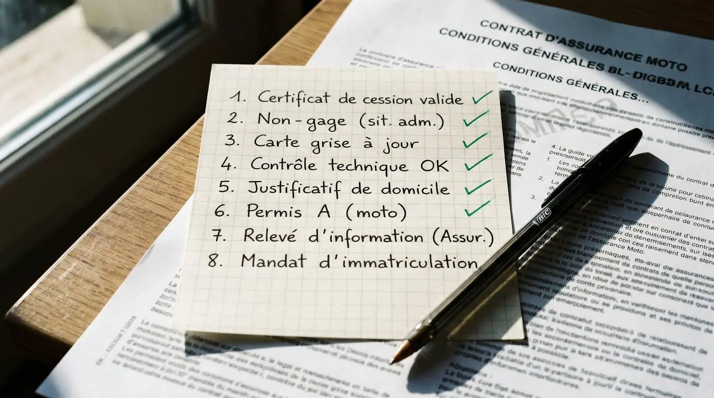 Checklist manuscrite avec six cases cochées en vert posée sur un contrat d'assurance moto, avec un stylo noir symbolisant la vérification méthodique avant achat.