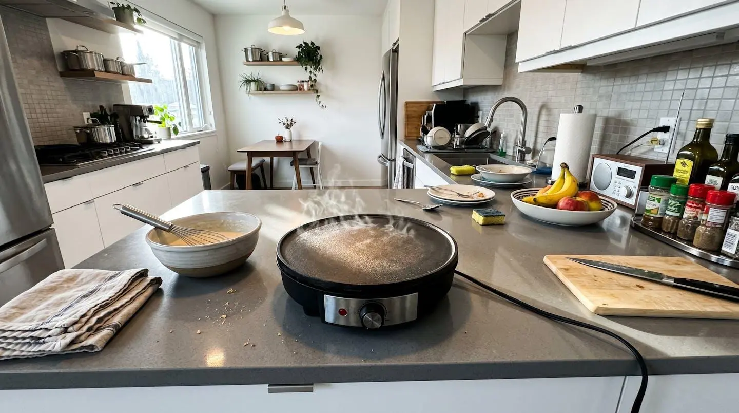 Crêpière électrique en phase de préchauffage sur un plan de travail de cuisine contemporaine avec vapeur légère