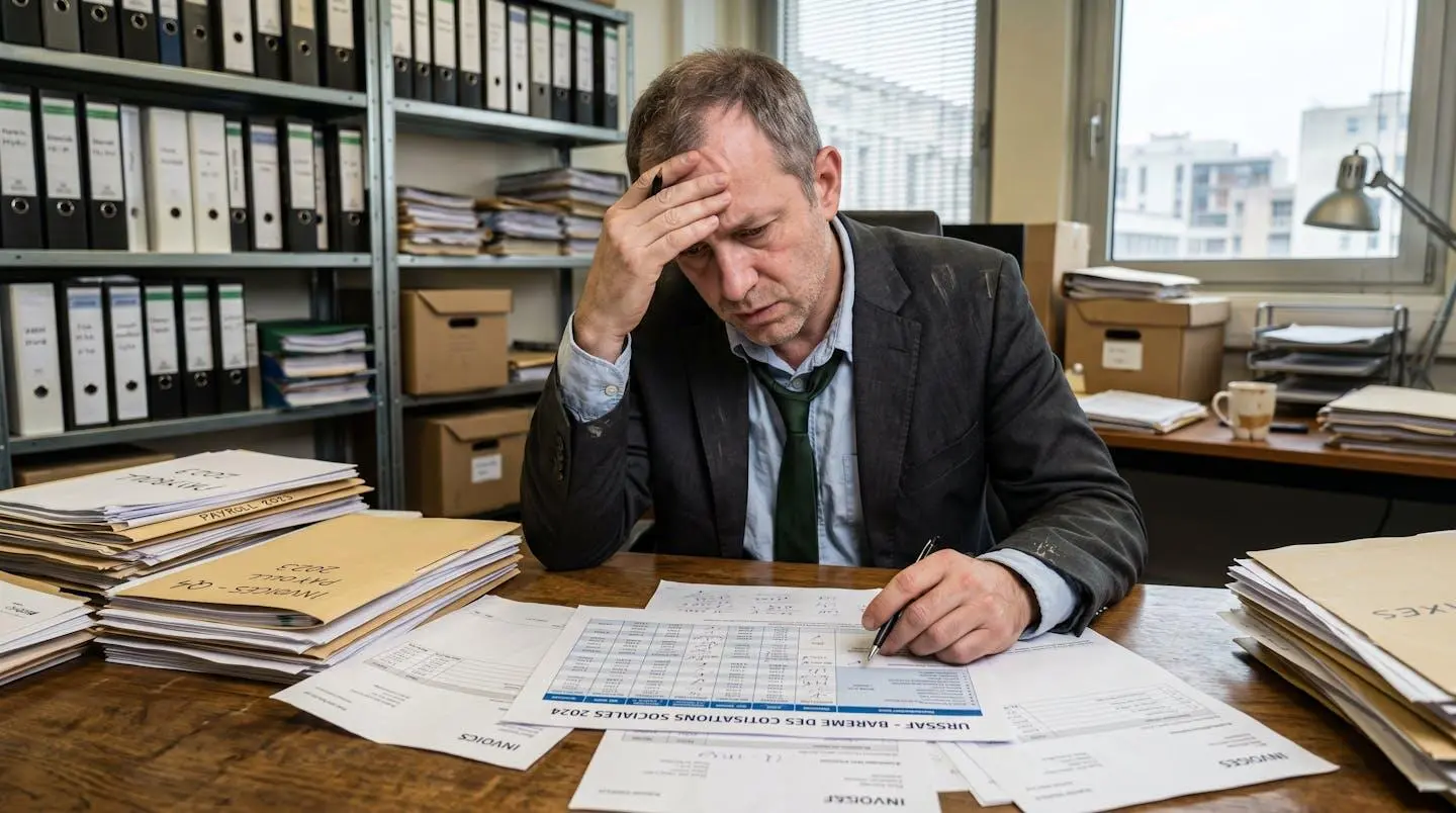 Dirigeant de PME vérifiant des déclarations sociales et documents administratifs sur son bureau