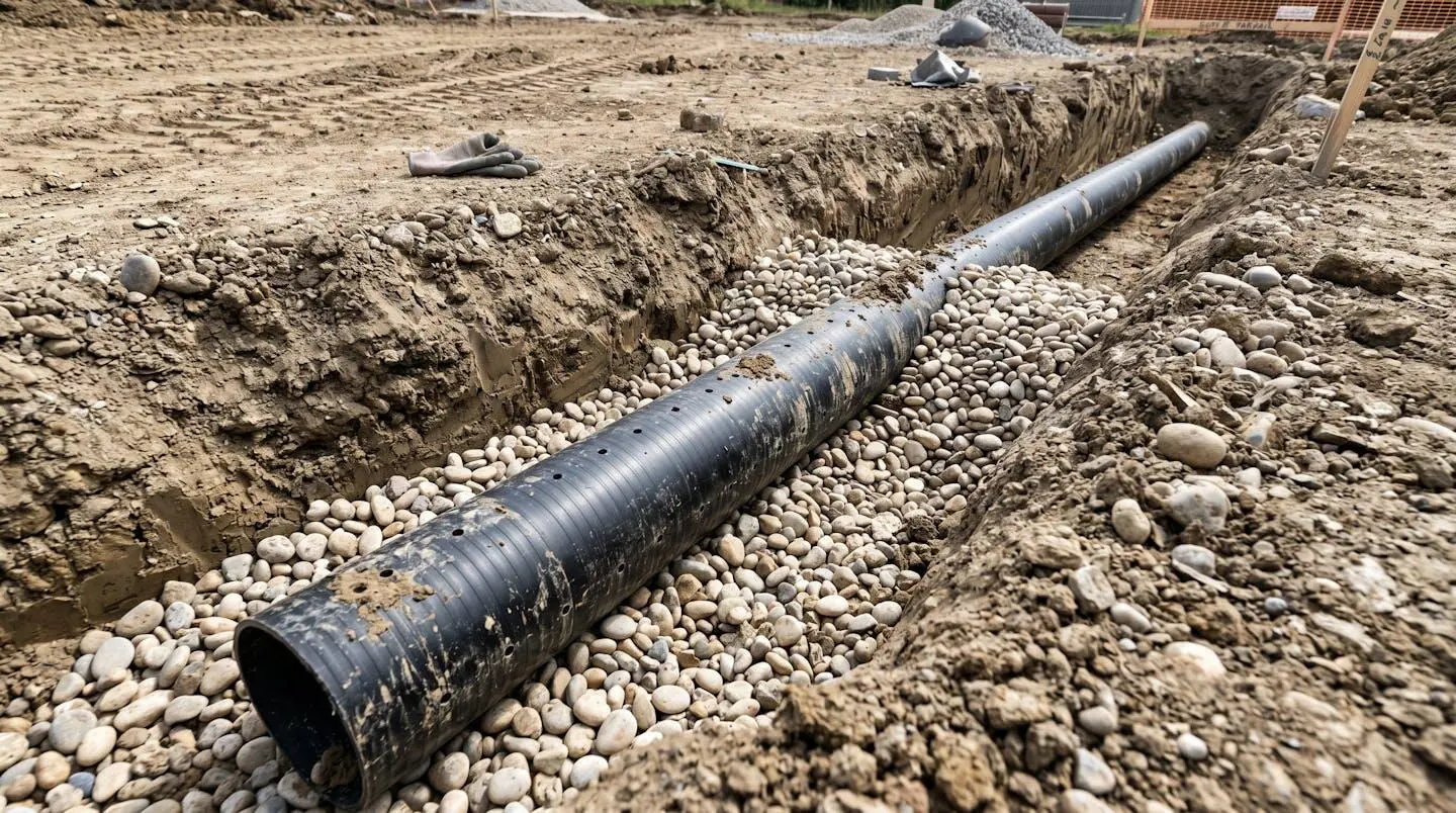 Drain agricole PVC perforé noir partiellement visible dans tranchée remplie de gravier roulé propre sur chantier