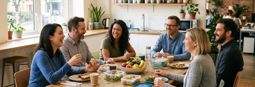 Équipe d'une PME réunie autour d'une table pour une pause déjeuner conviviale, illustrant l'importance des avantages sociaux