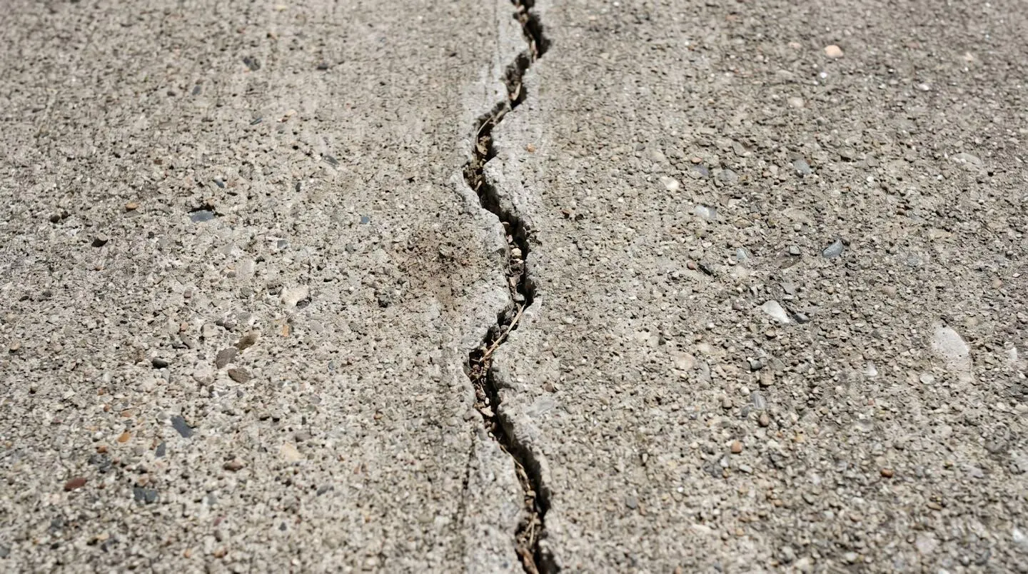 Fissure capillaire sur dalle béton de patio montrant variation d'ouverture et petits granulats visibles dans la texture