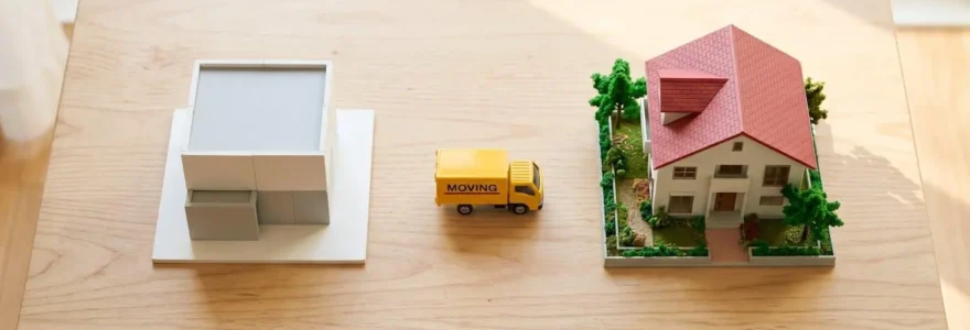 Maquettes d'un studio et d'une maison familiale avec un camion de déménagement entre les deux, illustrant une transition immobilière.