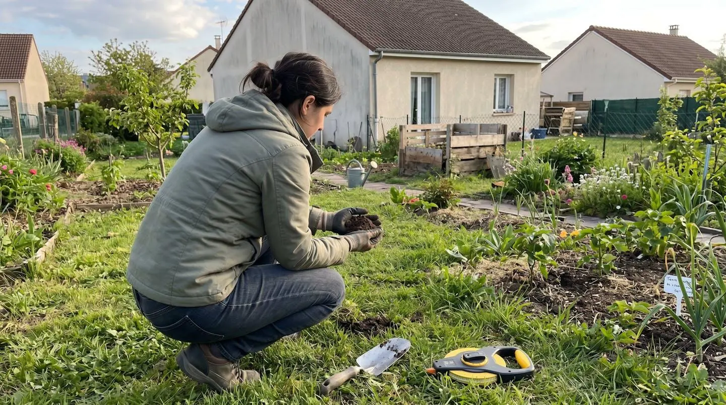 Personne de dos accroupie examinant échantillon de sol dans les mains avec outils de mesure au sol à côté