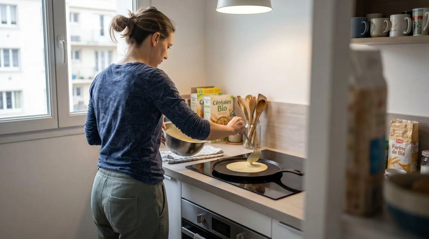 Personne de dos versant de la pâte à crêpes sur une plaque en fonte avec une louche