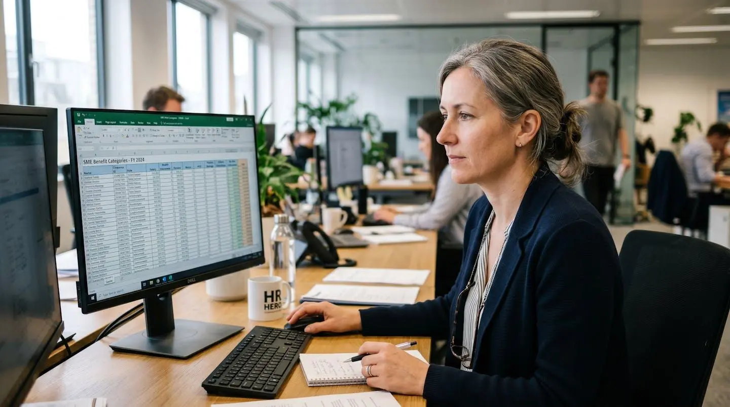 Responsable RH d'une PME analysant un tableau récapitulatif des avantages sociaux sur un écran d'ordinateur