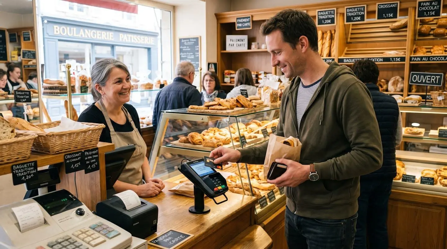 Salarié payant avec une carte d'avantages flexible dans un commerce de proximité