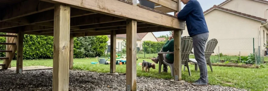 Structure de patio en bois composite montrant les plots de fondation et la couche de gravier drainant en dessous