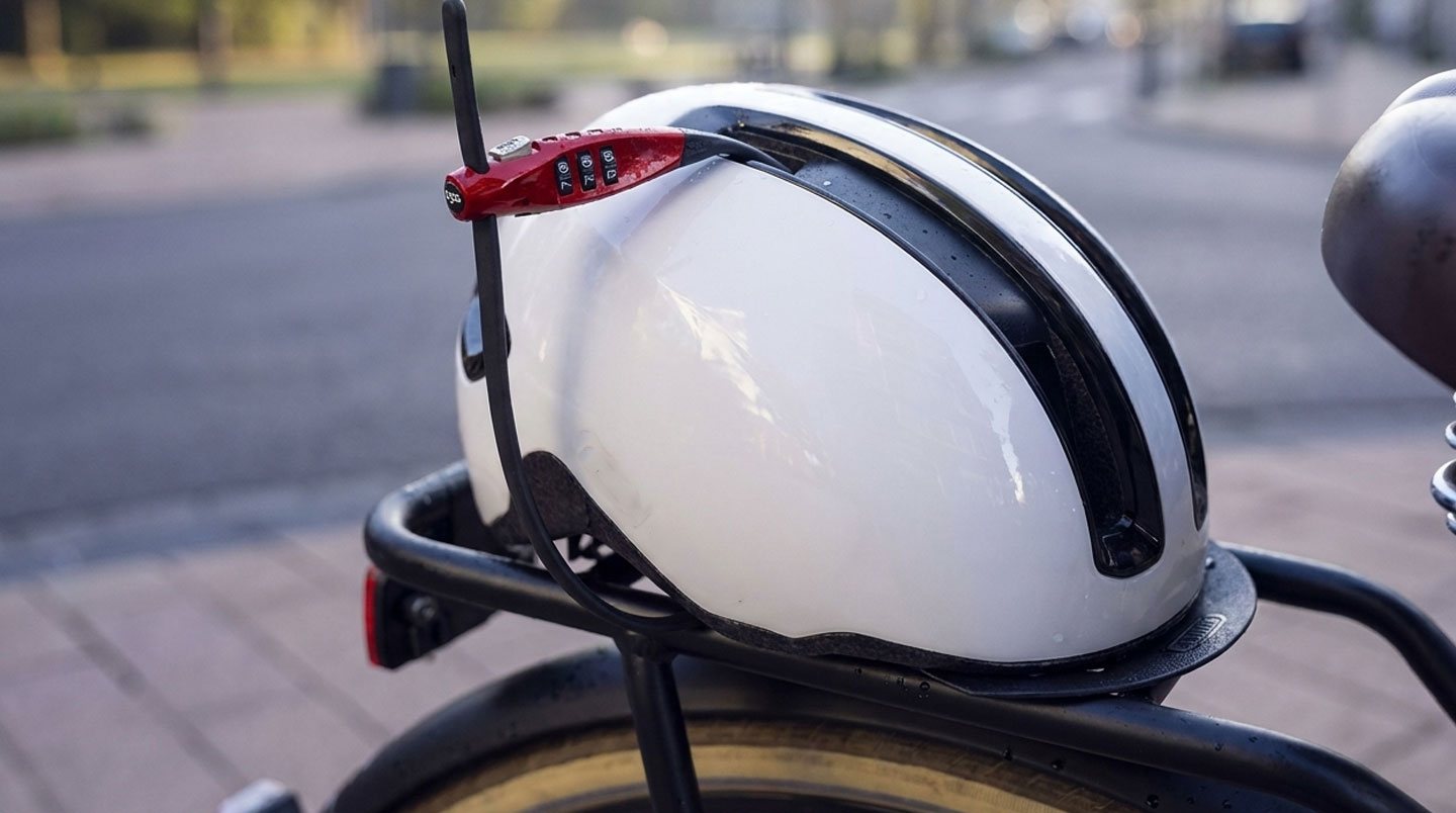 Casques de vélo colorés et antivols posés sur un comptoir de loueur, lac d'Annecy en arrière-plan